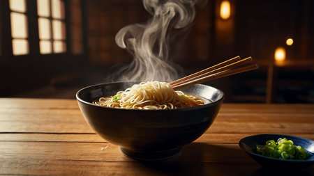 A delicious bowl of steaming ramen served on a rustic wooden table in a warm, traditional Japanese...