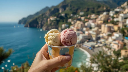 A refreshing summer scene featuring a hand holding a lemon and strawberry ice cream against the picturesque backdrop of the Amalfi Coast in Italy.の写真素材