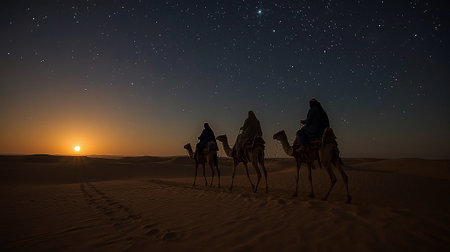 The Three Wise Men riding camels across a vast desert at sunset, silhouetted against the glowing sky, evoking the biblical journey and the spirit of Christmas and faith.の写真素材