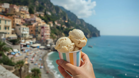 A refreshing summer scene featuring a hand holding a lemon and strawberry ice cream against the...