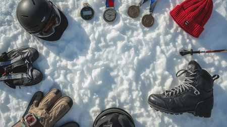 A flat lay composition of winter sports equipment and medals arranged on fresh snow.の写真素材