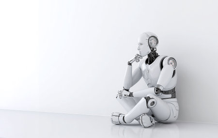 Conceptual image of a next-generation humanoid robot sitting on the floor in a thoughtful pose, symbolizing artificial intelligence and deep analysis.の写真素材