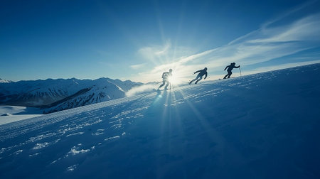Dynamic sequence of a skier descending a snowy mountain, captured in motion against a bright winter landscape.の写真素材