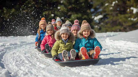 Group of happy children sledding down a snowy hill during winter holidays, laughing and enjoying the cold weather.の写真素材