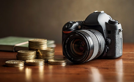 Close-up of a camera placed beside scattered coins on a wooden table.