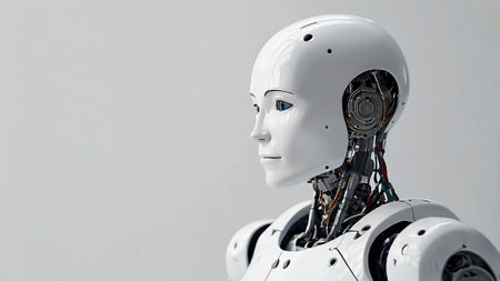 Close-up of a next-generation humanoid robot featuring sleek metallic design and intelligent expression.の写真素材