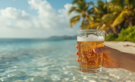 Close-up of a hand holding a cold beer glass on a tropical beach with palm trees and turquoise sea in the background.の写真素材