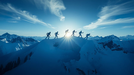 Dynamic sequence of a skier descending a snowy mountain, captured in motion against a bright winter landscape.の写真素材