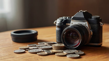 Close-up of a camera placed beside scattered coins on a wooden table.の写真素材