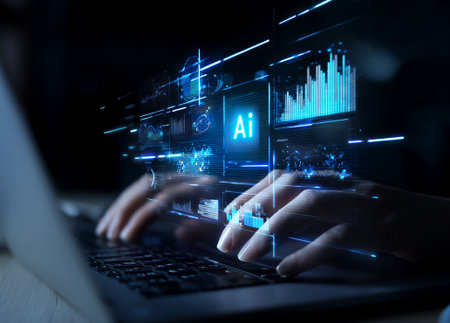 Hands typing on a laptop keyboard with futuristic digital graphics representing artificial intelligence, data analytics, and technology innovation.の写真素材
