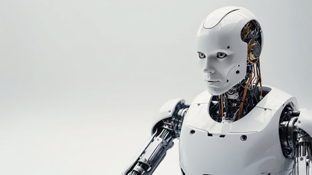 Close-up of a next-generation humanoid robot featuring sleek metallic design and intelligent expression.の写真素材