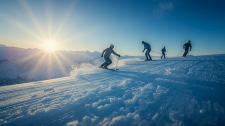 Dynamic sequence of a skier descending a snowy mountain, captured in motion against a bright winter landscape.の写真素材