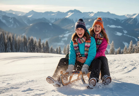 Two joyful young women sledding down a snowy hill in the mountains, laughing and enjoying a sunny winter dayの写真素材