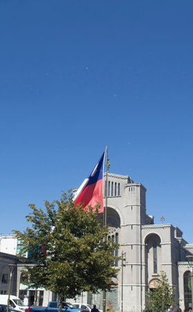 The church in the main square of the city of Concepción in Chileの写真素材