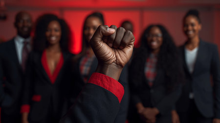 Close-up of a raised fist symbolizing strength, unity, and determination, with a group of people out of focus in the background.の写真素材