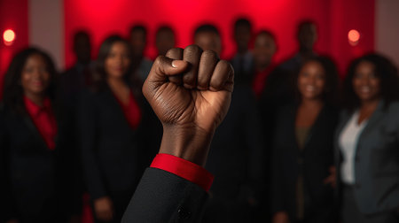Close-up of a raised fist symbolizing strength, unity, and determination, with a group of people out of focus in the background.の写真素材