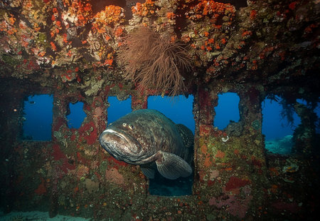 A massive goliath grouper swims calmly through the interior of a sunken ship in the Caribbean Sea.
