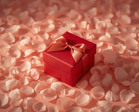A vibrant red gift box adorned with elegant details, surrounded by petals that symbolize love and romance.の写真素材