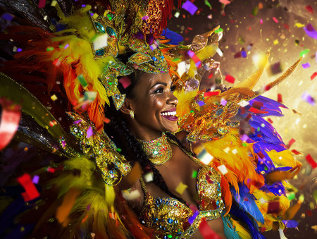 A Brazilian woman looks radiant during the Rio de Janeiro Carnival, dressed in vibrant colors and festive decorations typical of the celebration.の写真素材
