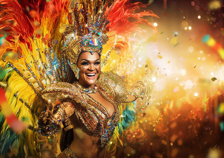 A Brazilian woman looks radiant during the Rio de Janeiro Carnival, dressed in vibrant colors and festive decorations typical of the celebration.の写真素材