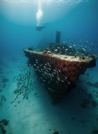 Photograph of a diver exploring an old shipwreck in the clear turquoise waters of Curacao Island.の写真素材