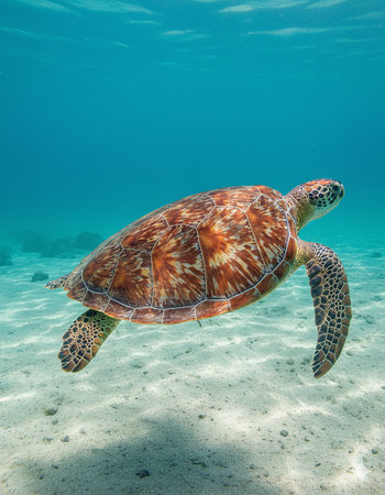 A green sea turtle swims serenely in the ocean.の写真素材