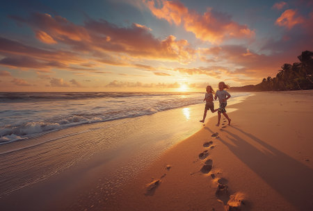 A group of children run happily along the shore as the sun sets over the sea, creating a warm, golden atmosphere.の写真素材