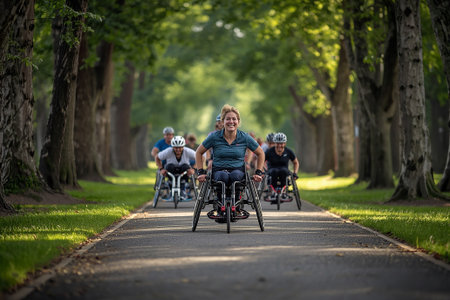A focused woman in a wheelchair propels herself forward during a race in a vibrant park environment.の写真素材