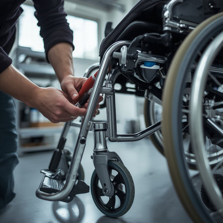 A person carefully repairing and adjusting a wheelchair, focusing on tools, components, and hands-on precisionの写真素材
