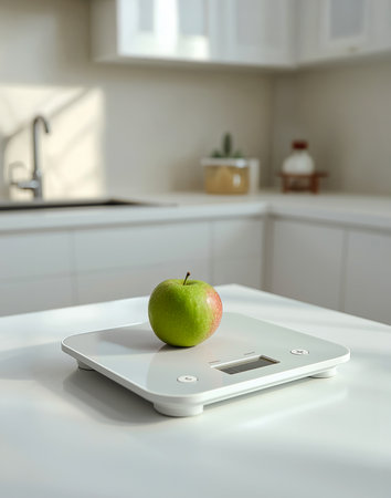 A vibrant green apple rests on a digital kitchen scale, creating a clean and modern food-lifestyle scene.の写真素材