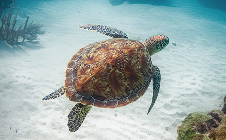 A graceful green sea turtle glides peacefully above a vibrant coral reef in the clear tropical...
