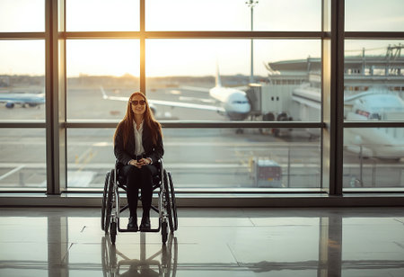A woman in a wheelchair waits calmly at an airport terminal, looking toward the arrivals area as she prepares for her upcoming flight.の写真素材
