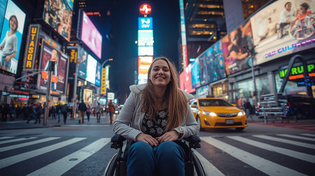 A young woman in a wheelchair smiles confidently while moving through the vibrant streets of Times...
