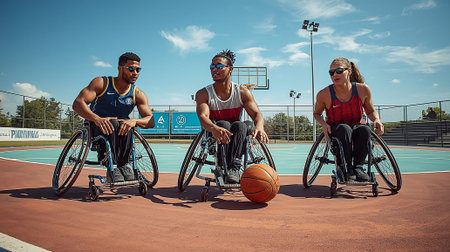 Dynamic and inspiring scene of young athletes in wheelchairs playing basketball on an outdoor court