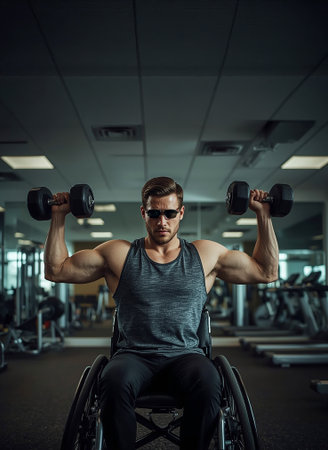 A man training with weights inside a gym, performing a strength routine from his wheelchair.の写真素材