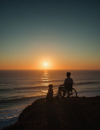 A person in a wheelchair and their dog watch a golden sunset together in front of the ocean.の写真素材