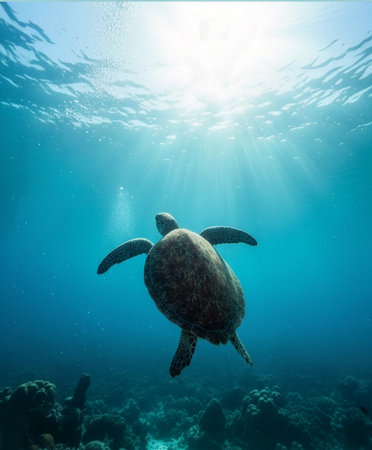 Image of a sea turtle swimming gracefully over a vibrant reef on the island of Curacao.の写真素材