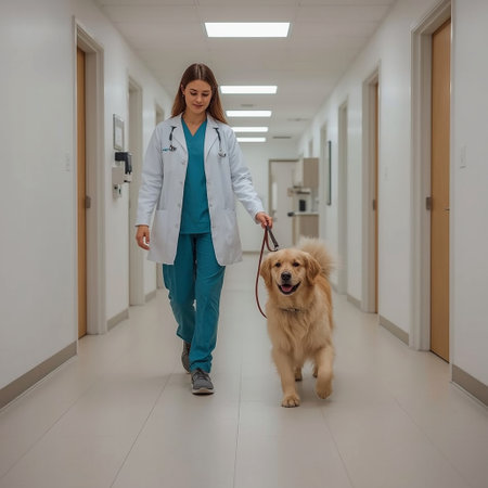 A professional female veterinarian wearing medical scrubs and a lab coat walks a friendly golden retriever through a bright, modern veterinary clinic.の写真素材