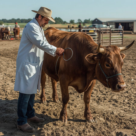 A professional veterinarian carefully examining a healthy cow on a rural farm, representing animal