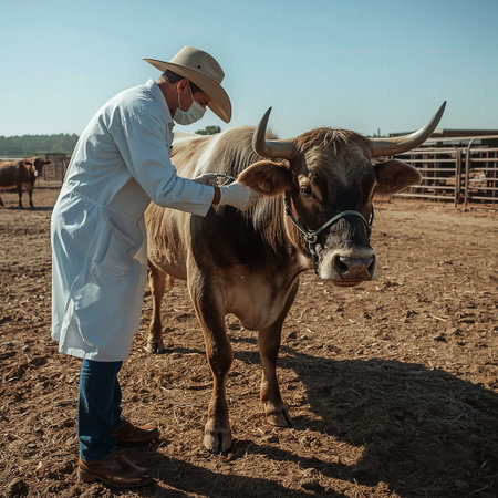 A professional veterinarian carefully examining a healthy cow on a rural farm, representing animalの写真素材