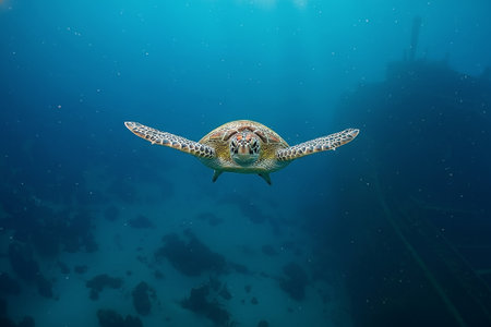 A sea turtle gracefully swimming over a vibrant coral reef in the crystal-clear watersの写真素材