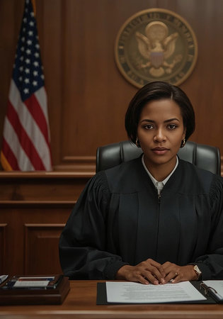 A poised and confident female judge sits at the bench inside a courtroom, wearing a traditional judicial robe and facing forward with authority.の写真素材