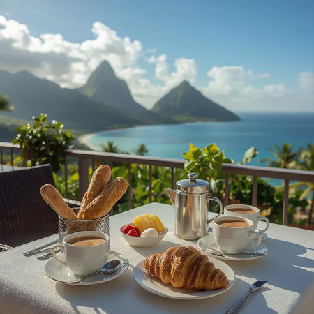 Elegant French-style breakfast served on a sunlit terrace at a luxury resort in Saint Lucia,...