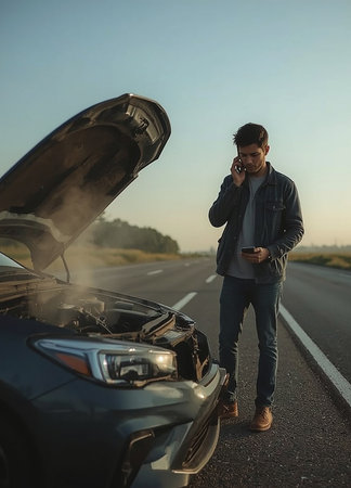 A stressed person calling roadside assistance on a cellphone after a car accident on a highway.の写真素材