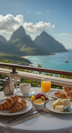 Elegant French-style breakfast served on a sunlit terrace at a luxury resort in Saint Lucia, overlooking the Caribbean Sea.の写真素材
