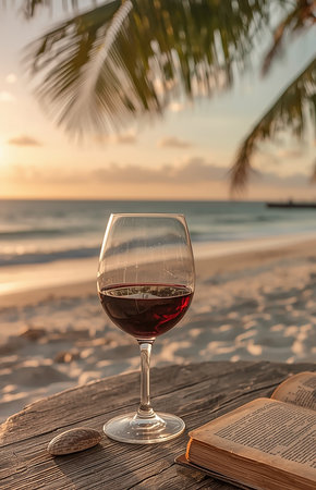 A peaceful tropical beach scene at sunset featuring an open book and a glass of red wine on a rustic wooden table.の写真素材