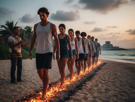 A group of young people walk barefoot over glowing embers on a beach in Tulum, Mexico, during a...