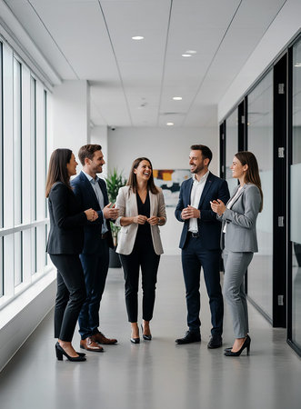 Candid corporate lifestyle image of male and female executives gathering in an office hallway,...