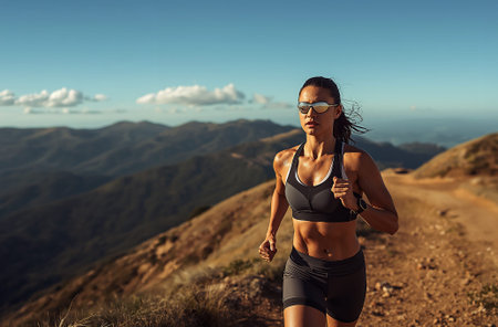 An athletic woman runs along a winding trail in the California mountains at sunset.