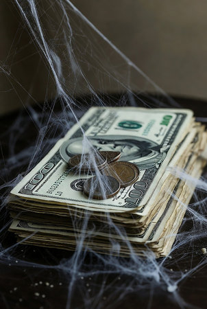 This stock photo captures a pile of crumpled US dollar bills and scattered coins, all enveloped in...